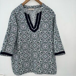 Jones New York 100% Lenin White and Green Patterned Tunic